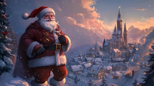 Santa Claus stands over snowy village at dusk watching lights