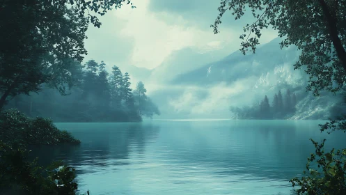 Mist-draped lake quietly cradles the whispering pine valley