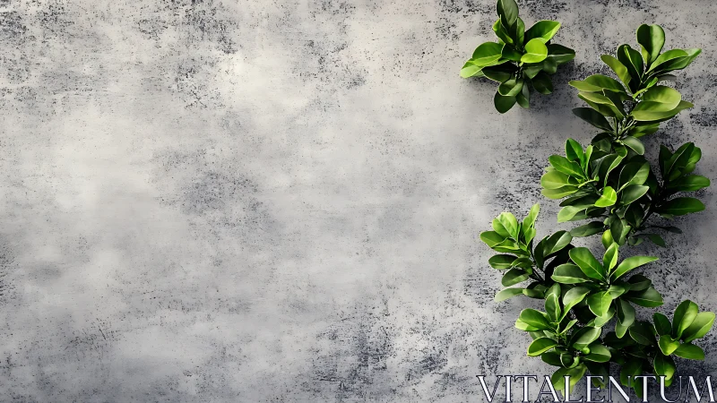 Green foliage on textured gray concrete wall background.