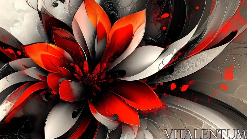 Abstract red flower explodes across metallic curved petals