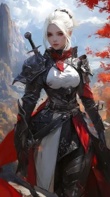 Armored silver‑haired swordswoman in alpine autumn battleground.