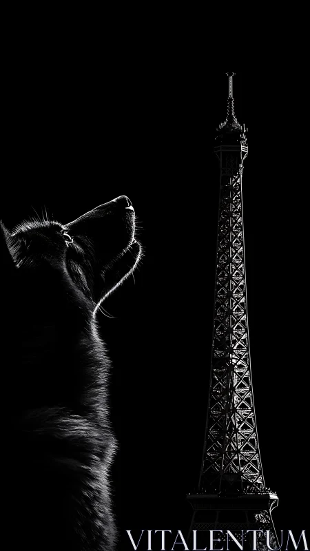 Moonlit dog dreaming beside a quiet Eiffel Tower silhouette.
