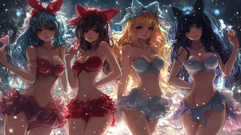 Four stylized female figures stand in coordinated ribbon outfits