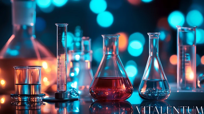 Laboratory glassware with colorful liquids on reflective bench.