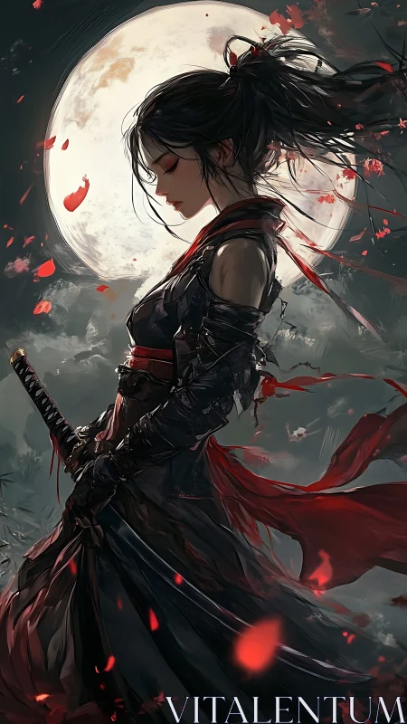 Moonlit katana warrior in red ribbons amid drifting petals.