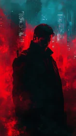 Neon ghost with a gun haunts red soaked megacity dusk.