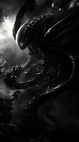 Alien creature dominates dark monochrome cosmic scene
