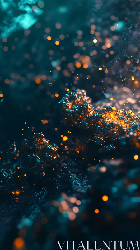 Cinematic macro bokeh over glowing mineral surface study.