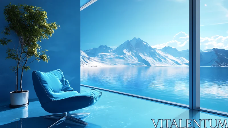 Modern blue lounge overlooks serene snowy mountain lake