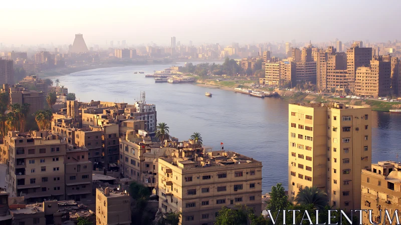 Golden haze drapes riverfront towers in a sprawling city bend