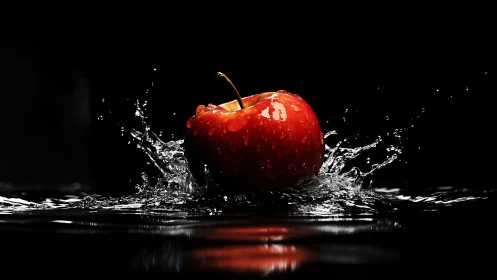 Red apple splashing in dark water with sharp reflections.