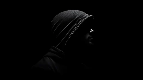 Hooded silhouette emerges from deep shadows in profile view.