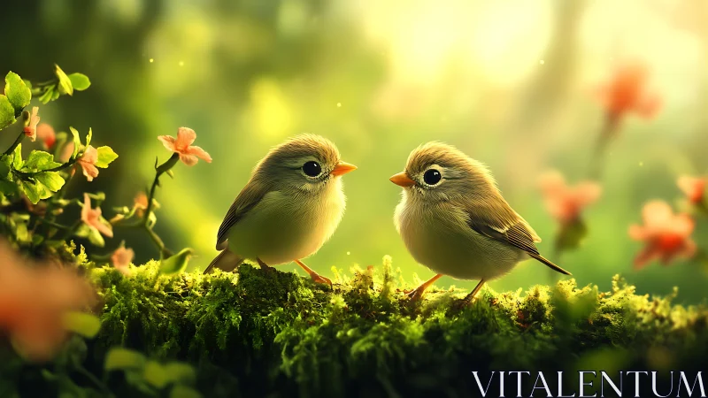 Two Cute Birds on Mossy Branch in Dreamy Spring Forest Scene.