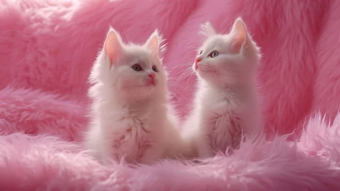 Two Adorable White Kittens Cuddled in Pink Fluff.
