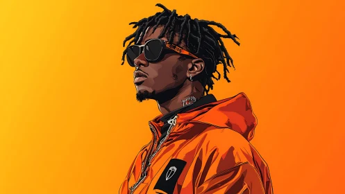Stylized portrait of man in orange jacket and shades.
