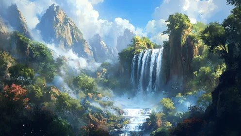 Emerald cliffs cradle a roaring skyfall of luminous mist.