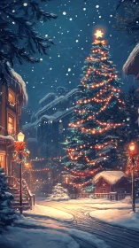 Snowlit town square crowned by a radiant Christmas tree.
