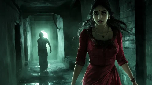 Terrified woman in dim corridor with spectral backlit figure