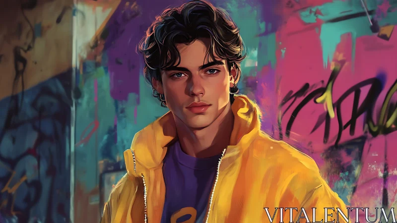 Young man stands before colorful graffiti wall background