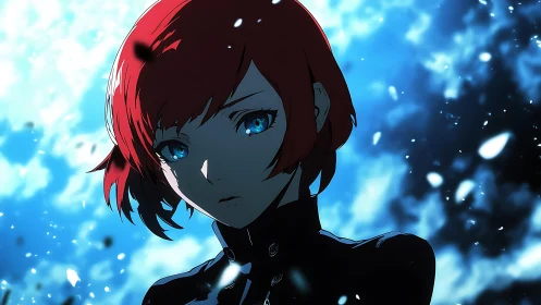 Red haired heroine faces glowing blue storm of embers.