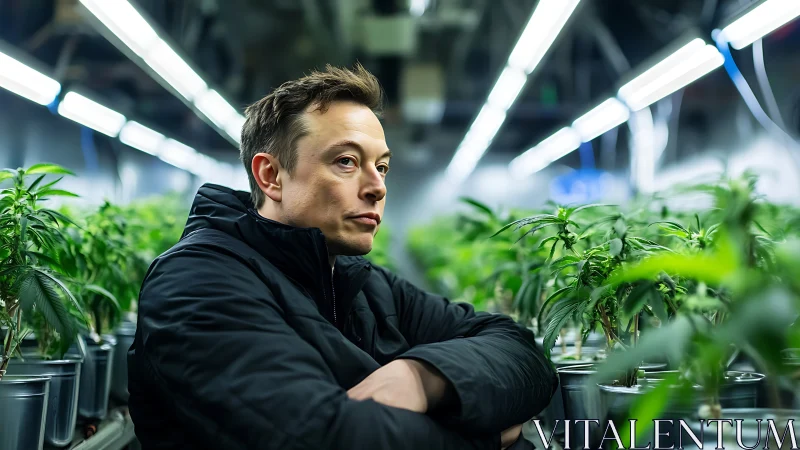 Thoughtful person rests among glowing indoor garden rows