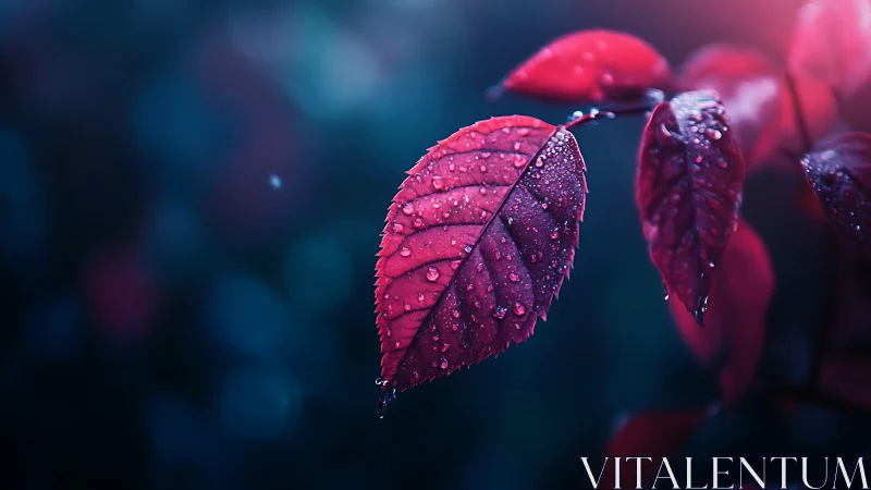 Rain-kissed crimson leaf floats in neon-tinted twilight hush