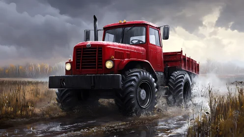 Red off-road truck powers through wet autumn marshland.