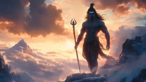 Blue-skinned mythic figure stands on clouded mountain ridge