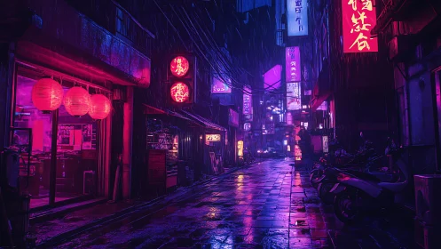 Neon‑lit urban alleyway with rain and illuminated signage.