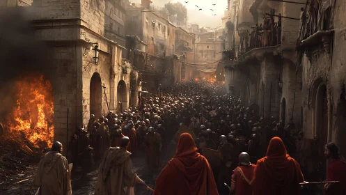 Armored legion advances through burning ancient city streets