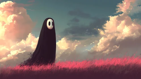 Digital painting of lone ghost figure in luminous fieldscape.