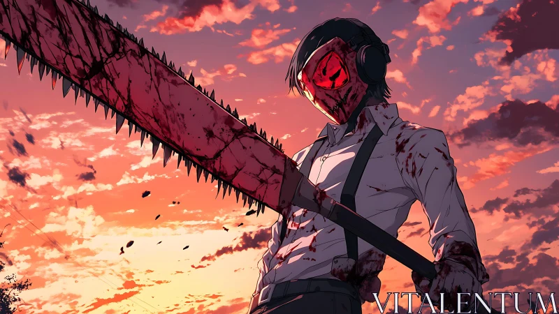 Bloodstained chainsaw warrior against incendiary sunset sky.