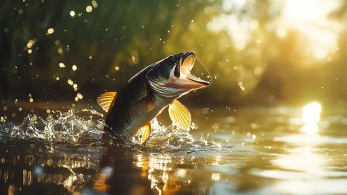Golden light captures a leaping fish breaking the calm water