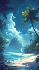 Tropical Cove with Sailboat and Mountain.