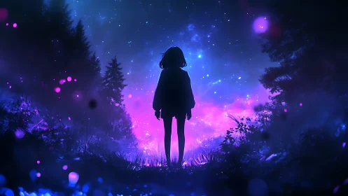 Silhouette of youth in luminous forest under star field.