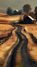 Curving gravel farm lane through autumn pasture toward twin barns