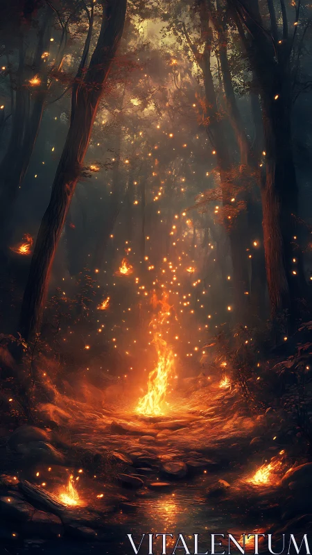 Enchanted Forest Bonfire: Where Trees Frame Golden Flames.