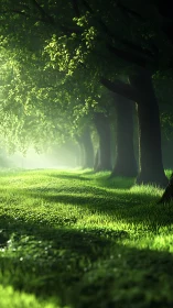 Luminous forest path bathed in emerald light.