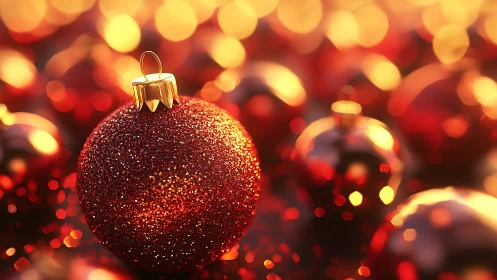 Glimmering crimson ornament basking in molten holiday bokeh.
