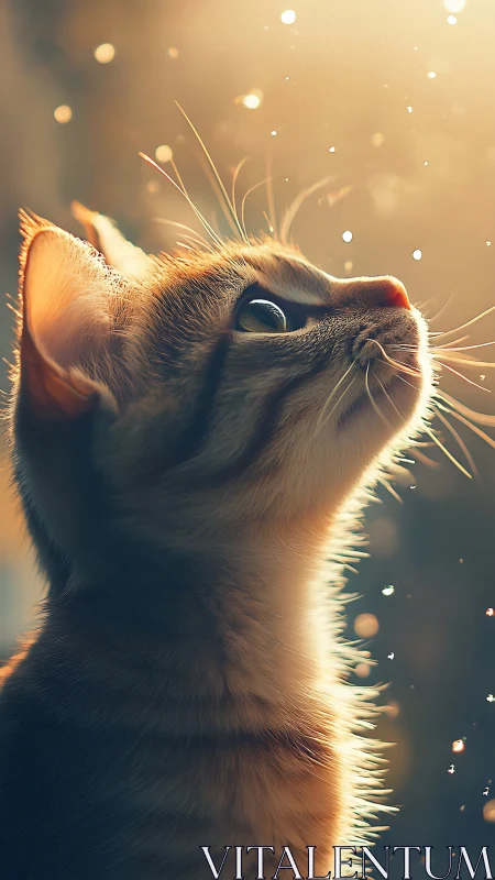 Cat gazing upward captured in warm golden hour backlighting.