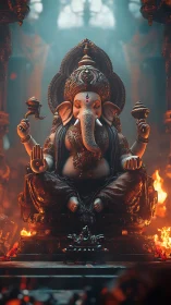 Digital painting of seated Ganesha idol in flaming shrine environment.