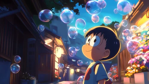 Anime boy walks through glowing bubbles on cozy street.