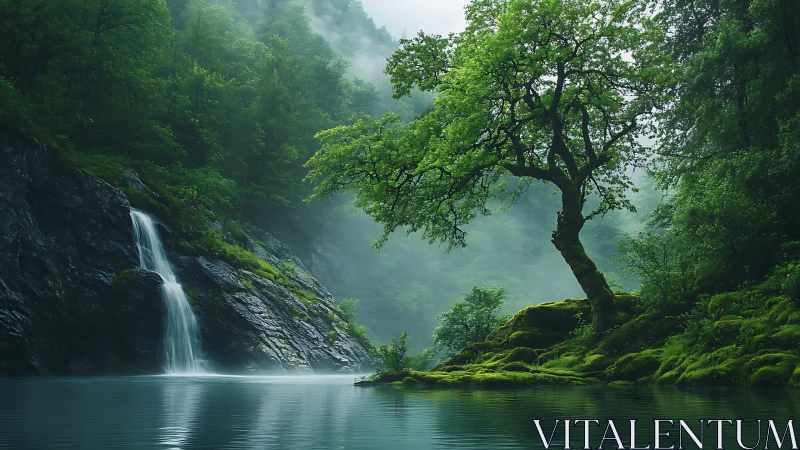 Verdant riverside tree with misty waterfall and dark rock face.