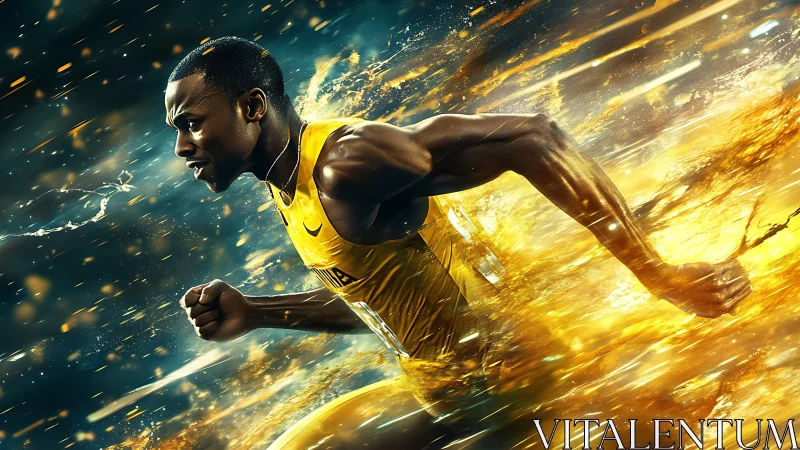 Sprinter explodes forward through golden energy trails