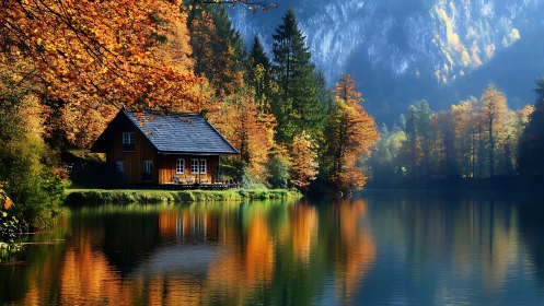 Cozy lakeside cabin wrapped in glowing autumn forest light.