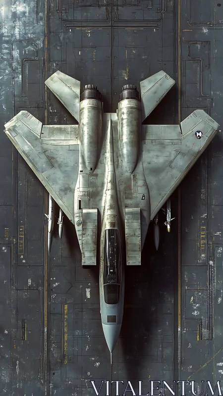 Futuristic twin-engine fighter jet rests on worn carrier deck.