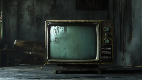 Old CRT television in dim, decayed interior scene.