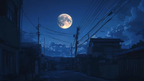 Lunar-illuminated Japanese street with overhead utility cabling.