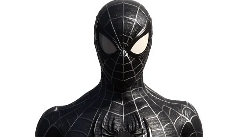 Black-suited spider-themed superhero in front view portrait.