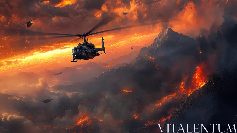 Military helicopters over burning volcanic mountains at dusk